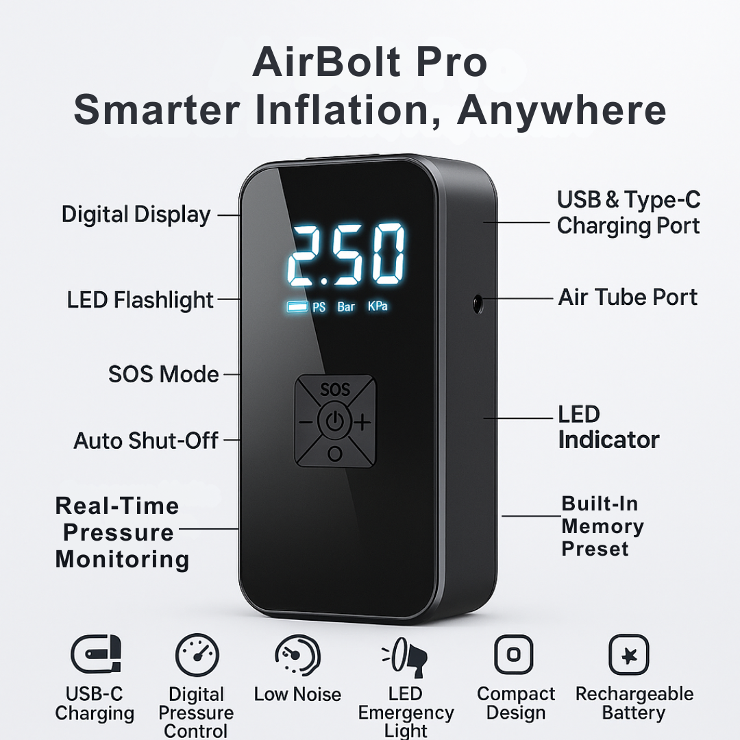 AirBolt Pro – Cordless Tyre Inflator with USB Rechargeable Battery